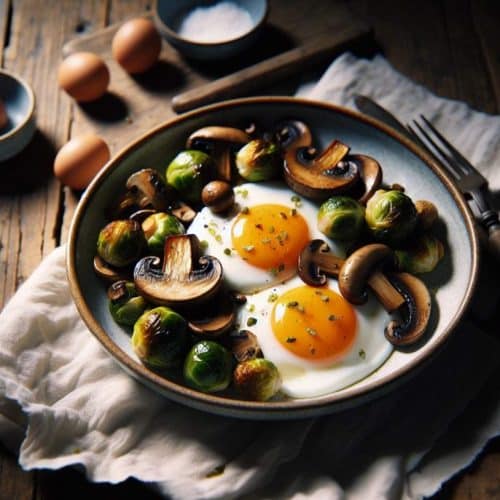 œufs au plat avec champignons et choux de Bruxelles