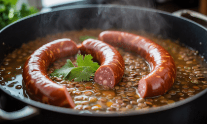 découvrez notre recette pas à pas pour préparer un mijoté savoureux de saucisses aux lentilles, un plat traditionnel riche en saveurs et facile à réaliser.