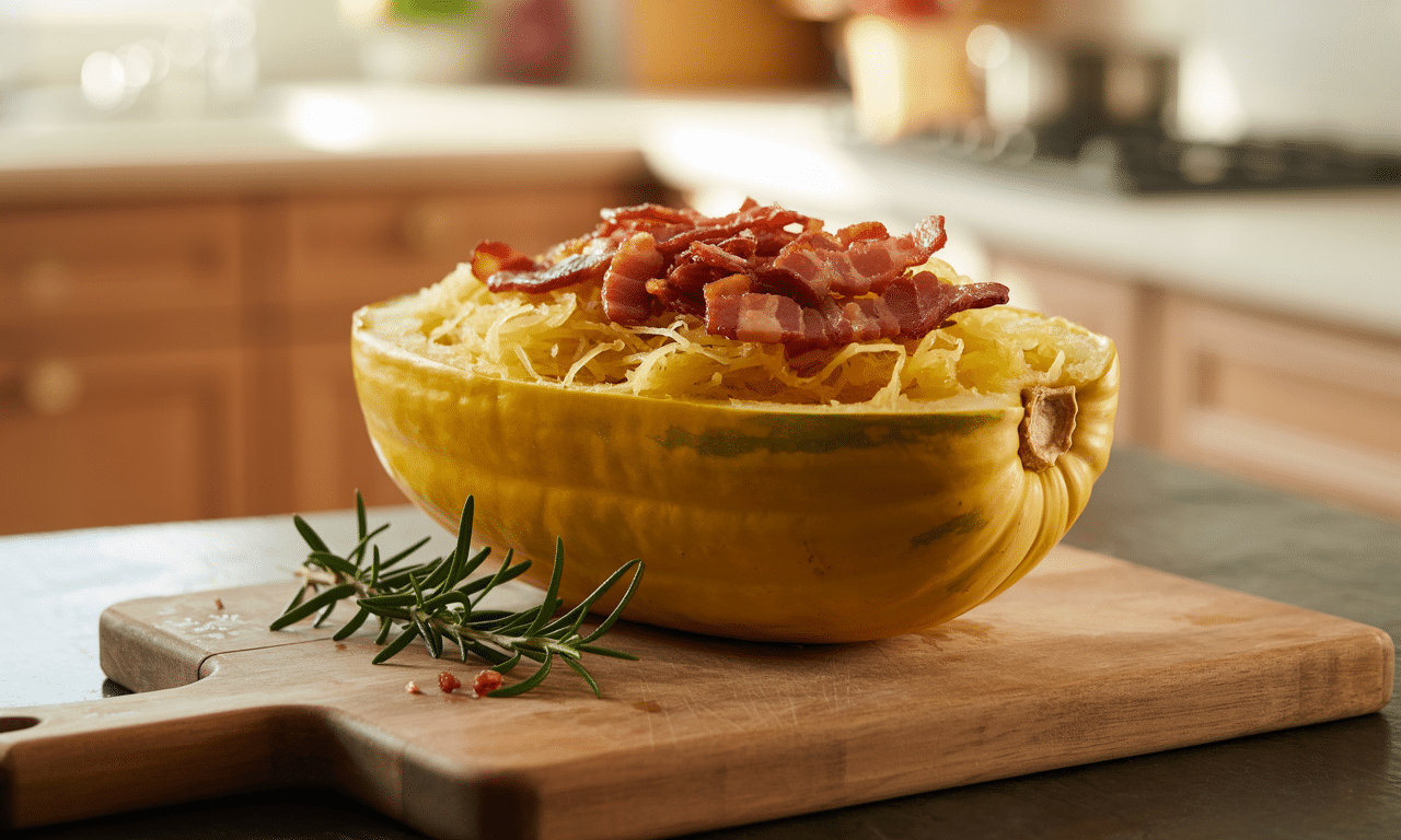 découvrez une recette savoureuse de courge spaghetti onctueuse à la crème et aux lardons, un plat gourmand et réconfortant parfait pour vos repas.