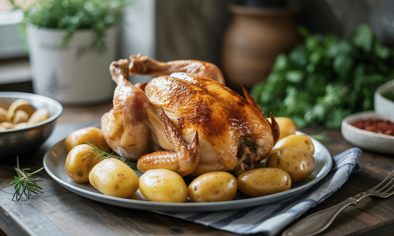 apprenez à préparer un poulet rôti savoureux accompagné de pommes de terre fondantes pour un repas familial réussi et gourmand.