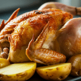 apprenez à préparer un poulet rôti savoureux accompagné de pommes de terre fondantes, grâce à notre recette facile et gourmande.