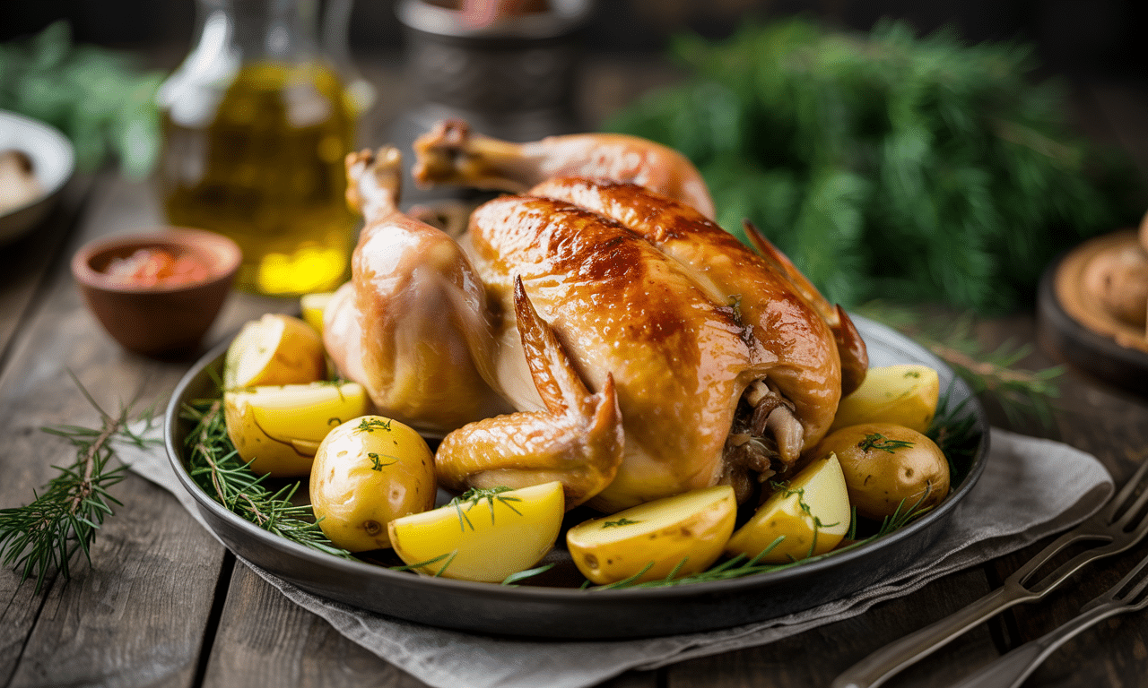 apprenez à préparer un poulet rôti savoureux avec des pommes de terre fondantes, pour un repas convivial et gourmand à partager en famille.