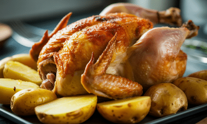 apprenez à préparer un poulet rôti savoureux accompagné de pommes de terre fondantes, grâce à notre recette facile et gourmande.