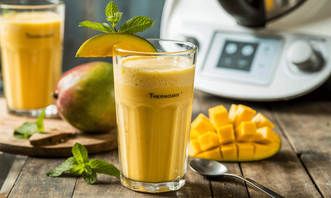 savourez un lassi à la mangue maison, la boisson indienne rafraîchissante et facile à préparer avec votre thermomix®. parfait pour se désaltérer avec une touche exotique.