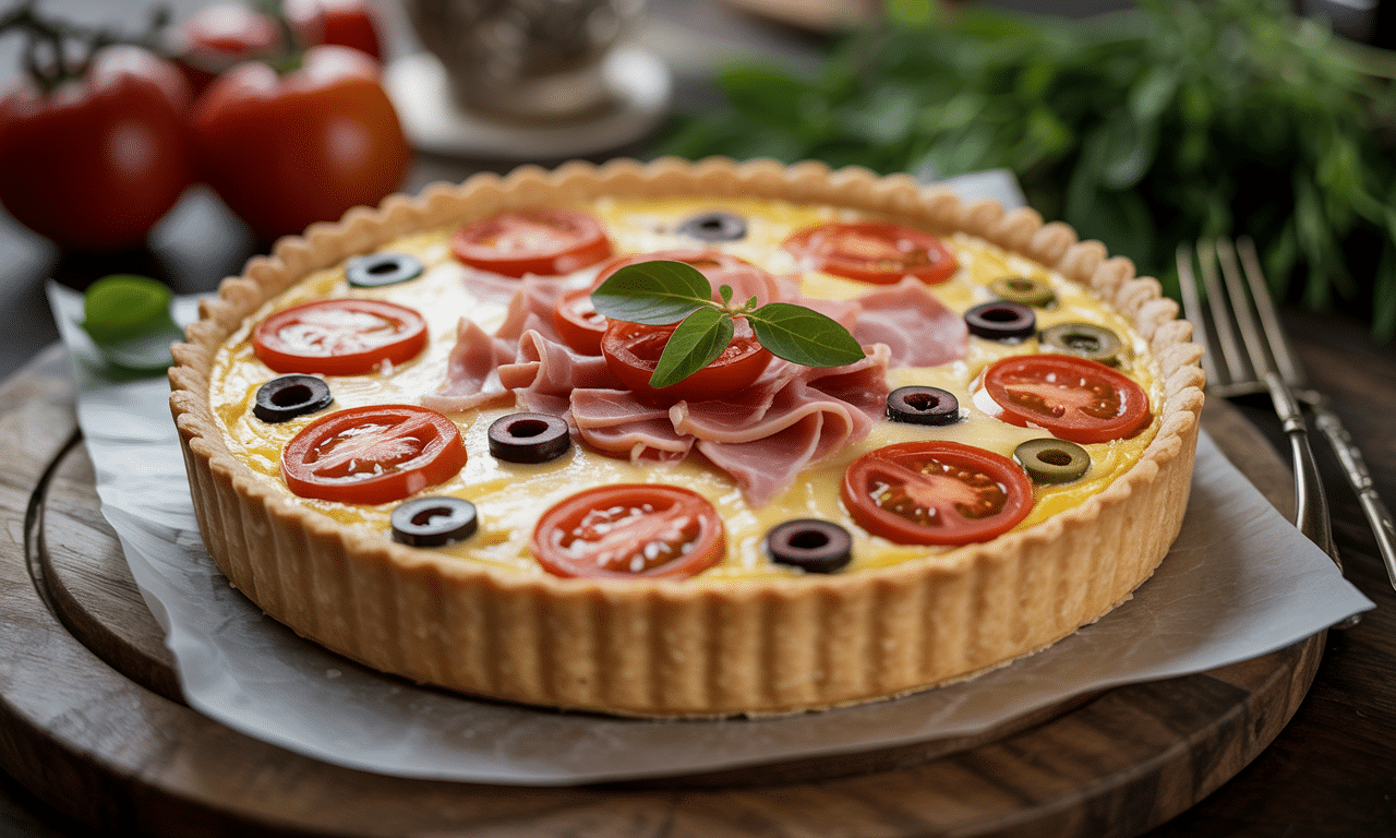 savourez une quiche gourmande au jambon, fromage fondant, tomates fraîches et olives savoureuses, parfaite pour un repas riche en saveurs et facile à préparer.