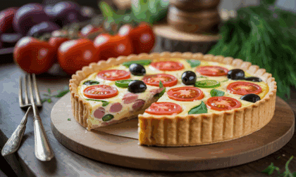 savourez notre quiche gourmande au jambon, fromage fondant, tomates fraîches et olives savoureuses, une recette simple et délicieuse parfaite pour un repas convivial.