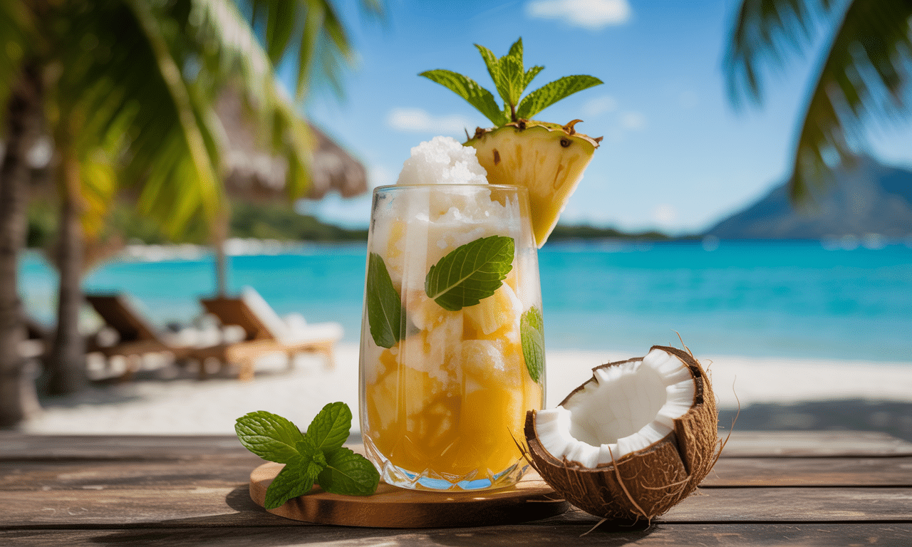 découvrez notre granité exotique à la noix de coco, à l’ananas et au rhum, une pause fraîcheur tropicale idéale pour se rafraîchir avec des saveurs ensoleillées.