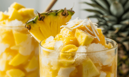 savourez un granité exotique à la noix de coco, à l’ananas et au rhum, parfait pour une pause fraîcheur tropicale et gourmande.