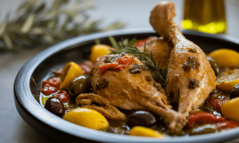 découvrez le tajine authentique au poulet, olives et citrons confits, sublimé par les secrets et saveurs uniques de l'huile d'argan pour un voyage culinaire inoubliable.