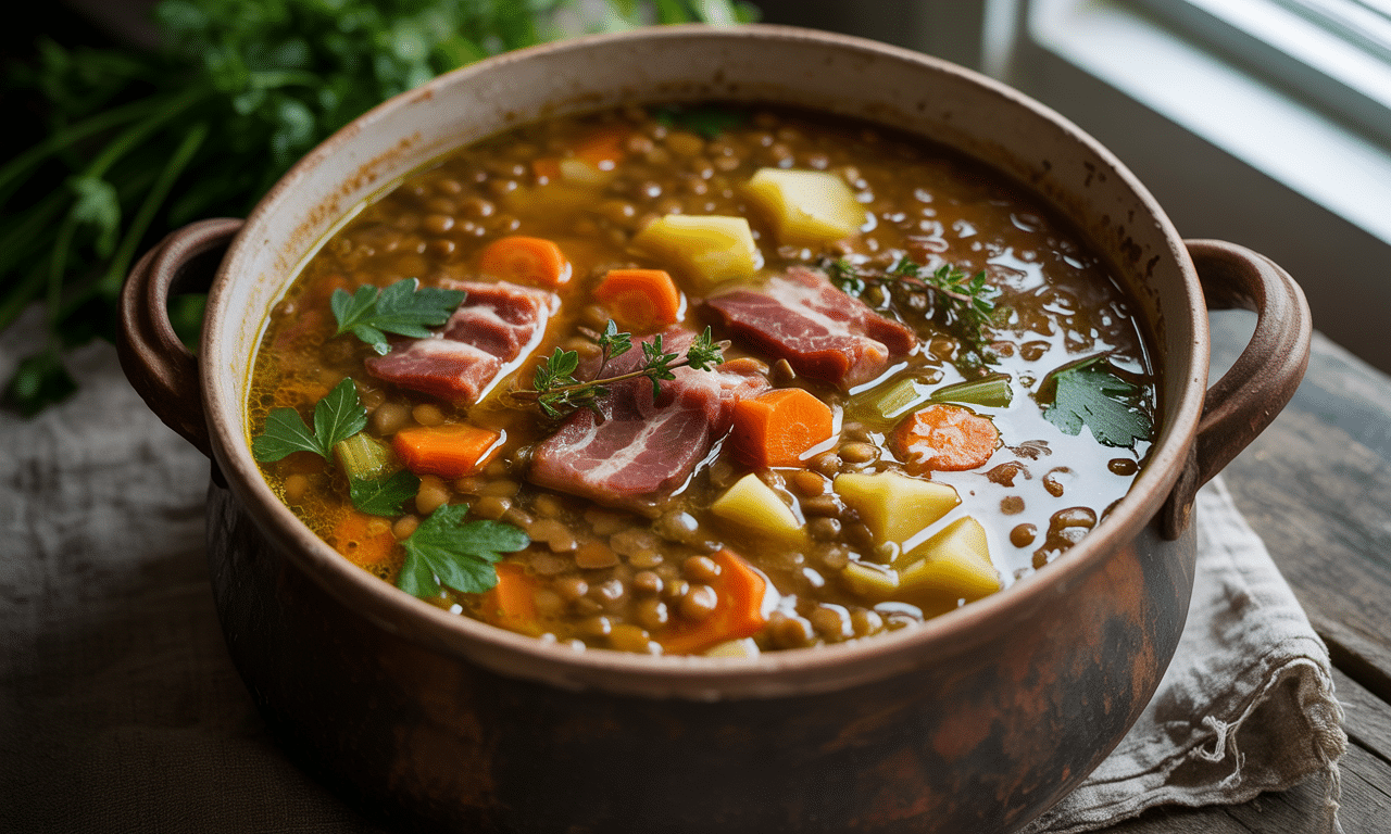 découvrez la recette réconfortante de la soupe aux lentilles vertes et lard fumé, idéale pour savourer un plat chaleureux et savoureux.