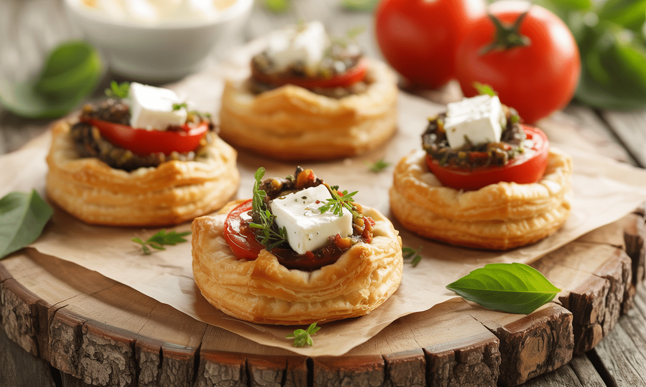 découvrez nos petits feuilletés à la feta, tomates et tapenade, des bouchées savoureuses parfaites pour régaler vos convives lors d'apéros réussis.