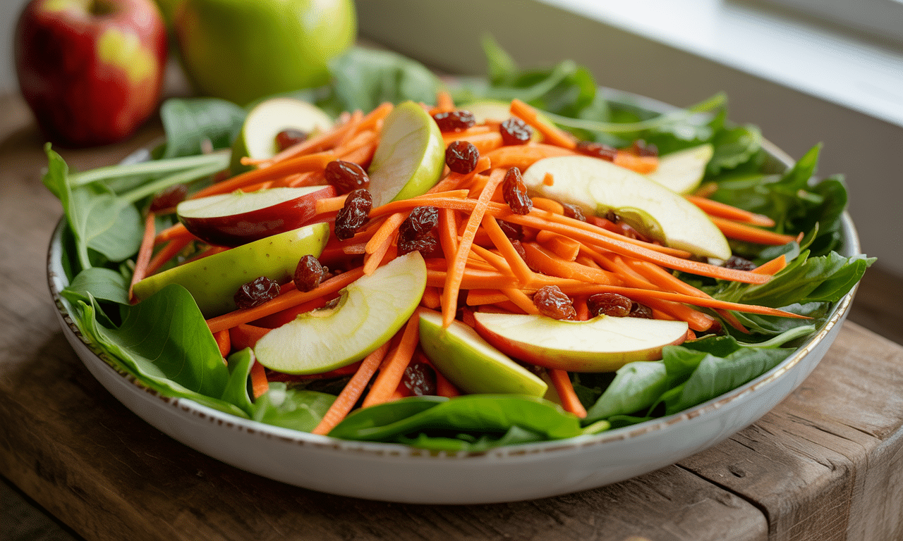 découvrez notre recette de salade vitaminée alliant carottes croquantes, pommes fruitées et raisins juteux, préparée facilement avec votre thermomix® pour une explosion de saveurs et de fraîcheur.