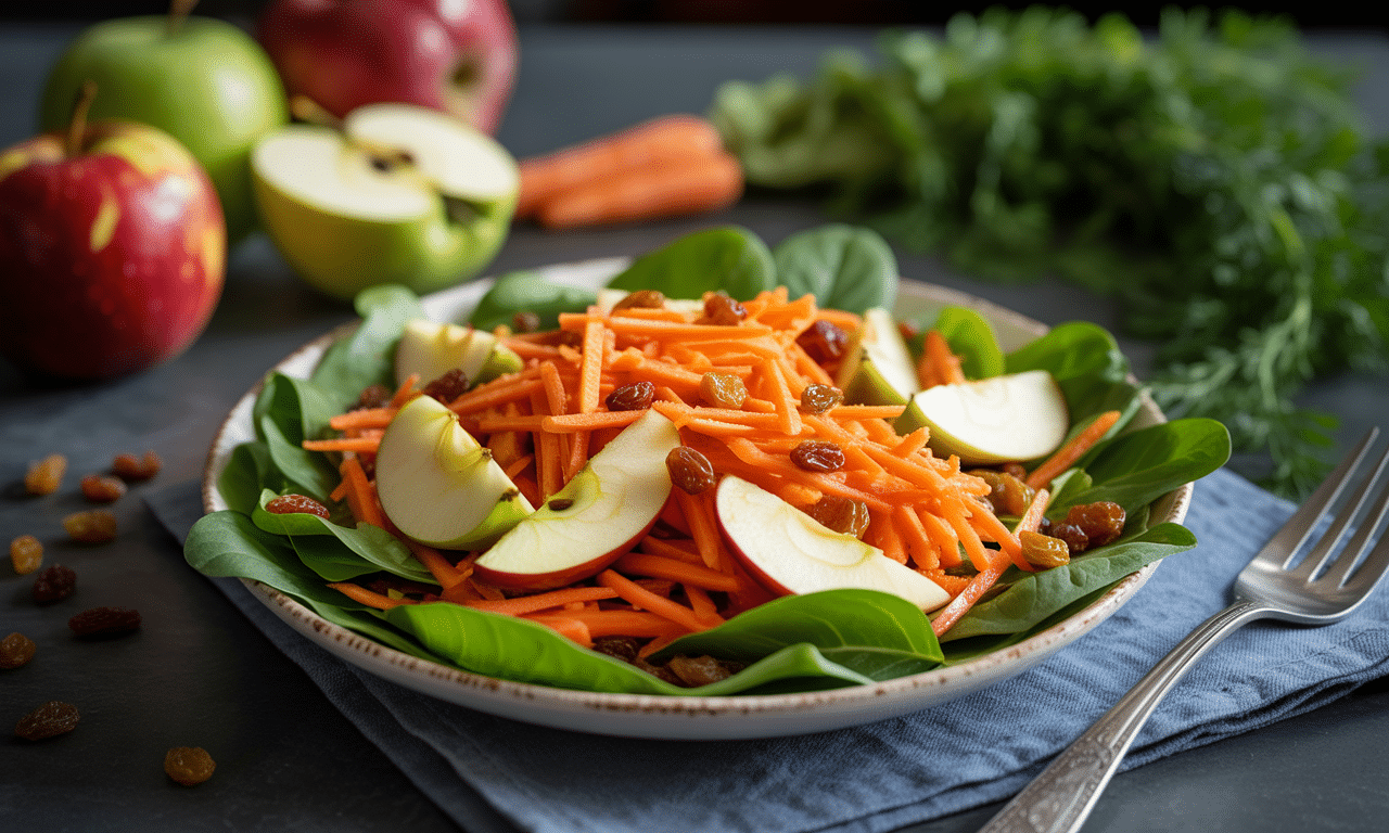 découvrez notre recette de salade vitaminée alliant carottes croquantes, pommes fruitées et raisins juteux, préparée facilement avec votre thermomix® pour une explosion de saveurs et de fraîcheur.