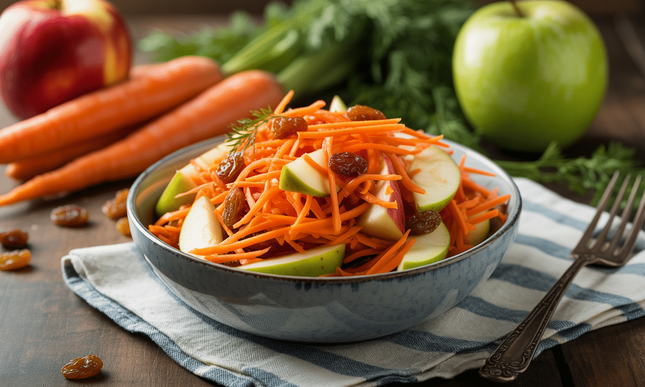 découvrez notre salade vitaminée pleine de fraîcheur avec des carottes croquantes, des pommes fruitées et des raisins juteux, préparée facilement grâce à votre thermomix® pour un repas sain et gourmand.