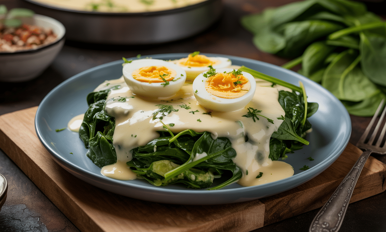 découvrez une recette classique revisitée : épinards et œufs durs généreusement nappés d'une sauce béchamel onctueuse pour un repas savoureux et réconfortant.