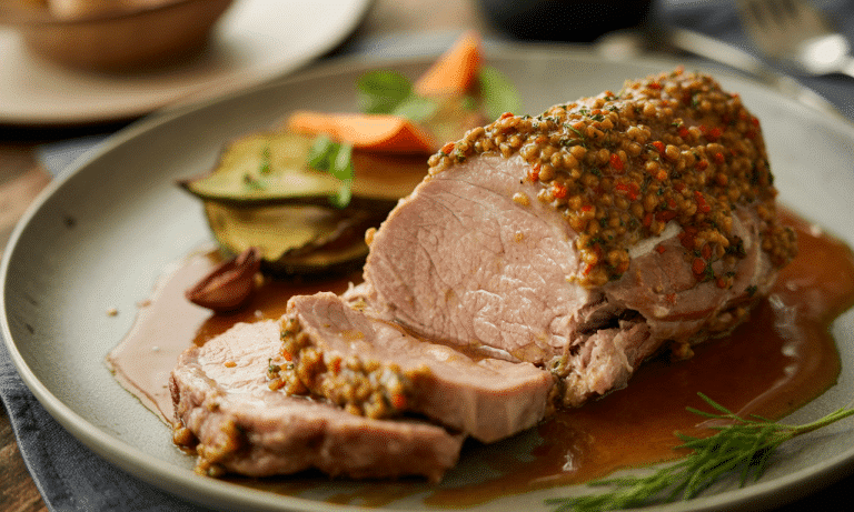 découvrez notre recette simple et gourmande de filet mignon de porc rôti à la moutarde à l’ancienne, parfaite pour sublimer votre dîner en toute convivialité.